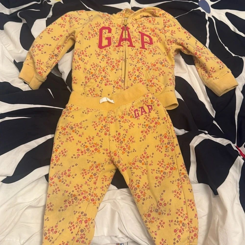 GAP Yellow Floral Hoodie & Jogger Set with Pink Logo
